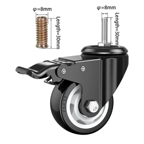 3 Inch Heavy Duty Stem Casters With Secure Twin Locking Brakes 360 Swivel Metal Caster Wheels with PU rim and detailed measurements.