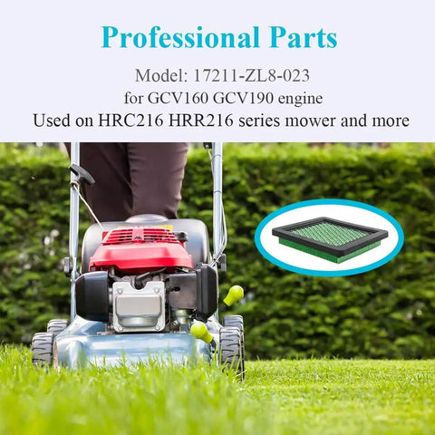 Man mowing lawn with focus on 2-Pack Premium Lawn Mower Air Filter for Honda GCV160 GCV190 and Husqvarna 7021P 17211 ZL8 023 17211 Z8B 901