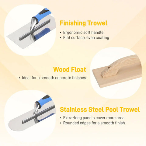 Finishing trowel, wood float, stainless steel pool trowel from 10 Piece Concrete Trowel Tool Set For Masonry Pro Grade Hand Tool Kit