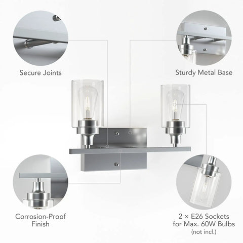 Two-Light Vanity Light with Clear Ribbed Glass Shades and Nickel Finish Installation Diagram