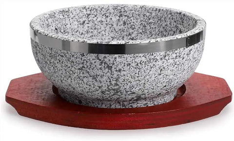 Stone Casserole Bowl With Wood Base For Bibimbap And Korean Stews, Heat Retaining Earthenware Pot For Rice, Soup, And Stew, Ceramic Cookware