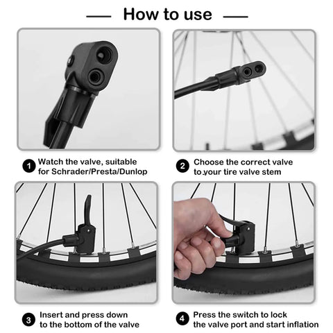 Four-step guide to using High Pressure Bike Floor Pump 160 PSI With Dual Presta And Schrader Valves on bike tire.