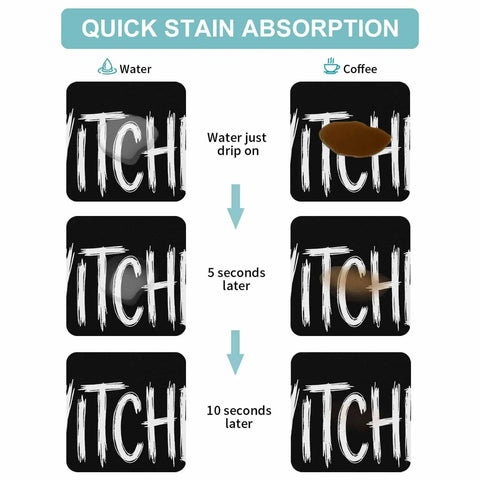 Spooktacular Black Witches Brew Coffee Station Mat Featuring Quick Dry Absorbent PU Material Designed For Kitchen Counter Espresso Machine Setup 28 By 18 Inch Halloween spill proof drip catch pad absorption demonstration.
