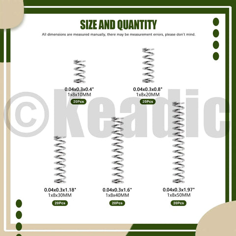 Mini Stainless Steel Compression Springs Kit 100Pcs 5 Size Assortment image showing size and quantity details.