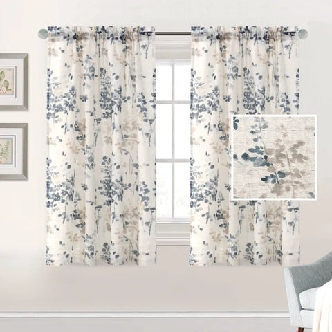 Linen Sheer Curtains For Living Room And Bedroom 63 Inch Long Light Filtering Rod Pocket Panels Two Panels Floral Print