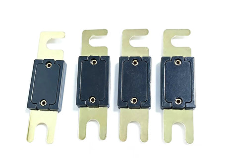 Premium Quality Heavy Duty 200 Amp ANL Fuse Gold Plated 32 Volt Circuit Protection For Car Audio Radio Stereo System Top Shelf 4 Pack, close-up view.