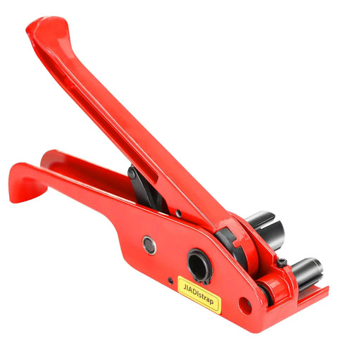 Rock Solid Heavy Duty Banding Strapping Tensioner And Cutter Tool Manual Windlass For 1/2 To 3/4 Inch Polyester Strap No Sweat Quick Pack Industrial Hardware in red.