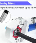 Close-up of Heavy Duty Hydraulic AC Crimping Tool Kit for Car AC Hoses with Seven Die Sets, showcasing crimping on hose.