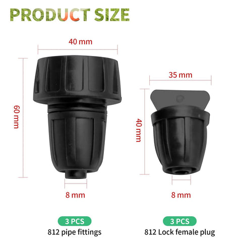 Six Pack Irrigation Fittings Set PVC Female Hose Thread Non Swivel Adapters To Five Sixteenth Inch Tubing With Barbed End Plugs, black 8 mm fittings