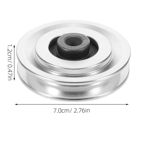 Durable Aluminum Pulley Wheel For Home Gym And Cable Machines, Smooth Bearing Wheel For Upper Body Workouts, High Pulley System Replacement Part, 70mm Outer Diameter. 70mm aluminum pulley wheel shown with 1.2cm width