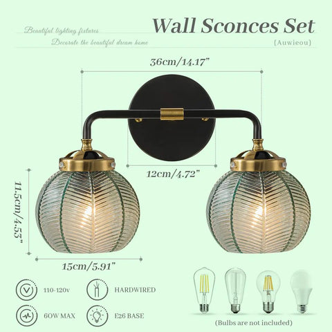 Two Light Black Bathroom Vanity Light With Retro Wall Sconce And Ribbed Green Glass Shades Mid Century Modern Farmhouse Style Over Mirror Great For Bedroom Hallway Living Room