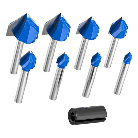 Pack Of 8 Hardcore Professional Carbide Router Bits For 90 Degree V Grooves And Chamfering Woodwork On Plywood displayed with a collet.