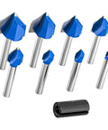 Pack Of 8 Hardcore Professional Carbide Router Bits For 90 Degree V Grooves And Chamfering Woodwork On Plywood organized in a set.