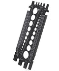 Black plastic bolt gauge with metric and SAE sizing, multiple circular holes for bolts, angled front view.