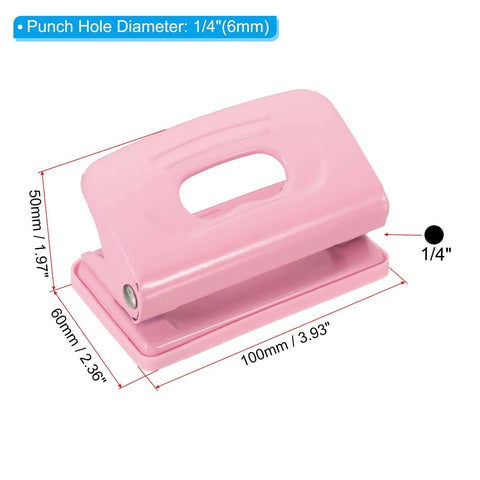 2 Hole Paper Punch One Quarter Inch Pink Metal Hole Puncher, Handles Up To 8 Sheets, 6 mm Hole Punch