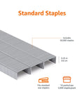 Top Shelf Standard Office Staples 1/4 Inch Length 50000 Count 10 Pack Bulk Paper Fasteners Fits Most Desk Staplers Ready To Go Heavy Duty Metal Clips For Daily Grind Tasks Silver shown in a close-up view with 50,000 staples.