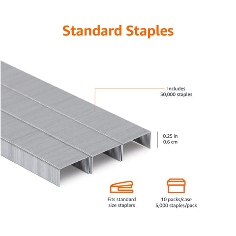 Top Shelf Standard Office Staples 1/4 Inch Length 50000 Count 10 Pack Bulk Paper Fasteners Fits Most Desk Staplers Ready To Go Heavy Duty Metal Clips For Daily Grind Tasks Silver shown in a close-up view with 50,000 staples.