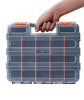 Person holding Two Piece Double Side Tool Organizer, 34 compartment hardware box, black body with clear lids, orange closures.