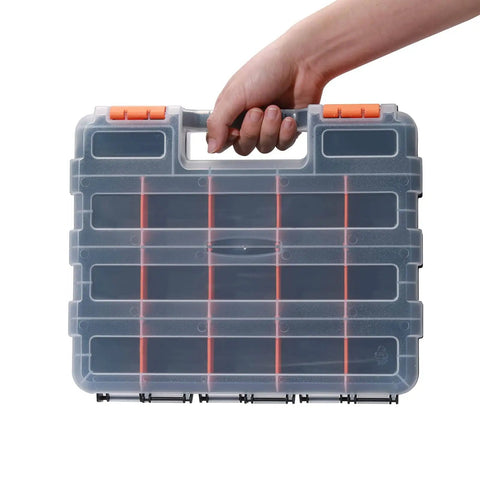 Person holding Two Piece Double Side Tool Organizer, 34 compartment hardware box, black body with clear lids, orange closures.