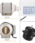 Heavy Duty Tubular Exhaust Ventilation Fan With All Copper Motor 110V shown with dimensions, solid build for indoor air circulation.
