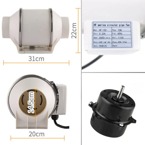 Heavy Duty Tubular Exhaust Ventilation Fan With All Copper Motor 110V shown with dimensions, solid build for indoor air circulation.
