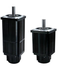 Two black ribbed AC servo motors with silver mounting flanges and shafts, different heights.