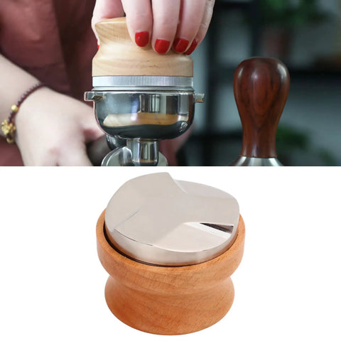 53mm Stainless Steel Coffee Distributor And Espresso Tamper Featuring Quick Depth Adjustment And Comfort Contoured Beech Handle in use