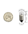 Pack Of Ten Heavy Duty E10 Mini Bulbs Featuring Slick Screw Bases Emitting A Sweet Warm Yellow Ray At 1.5 Volts next to a coin for size comparison.
