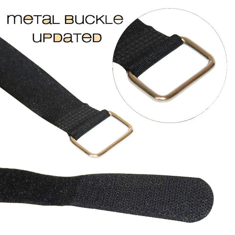 Close-up of a black strap with metal buckle from the 10 Pack 50 Inch Heavy Duty Adjustable Velcro Straps Reusable Hook And Loop Cinch And Tie Down Straps