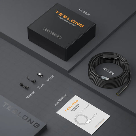 50 Foot USB C Borescope Camera With Built In Light For iPhone Android packaging with probe, user manual, and accessories