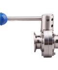 Sanitary Butterfly Valve With Pull Handle, 304 Stainless Steel, side view showing Tri Clamp Clover connection, fits 1.5 inch tube OD.
