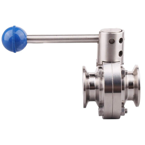 Sanitary Butterfly Valve With Pull Handle, 304 Stainless Steel, side view showing Tri Clamp Clover connection, fits 1.5 inch tube OD.