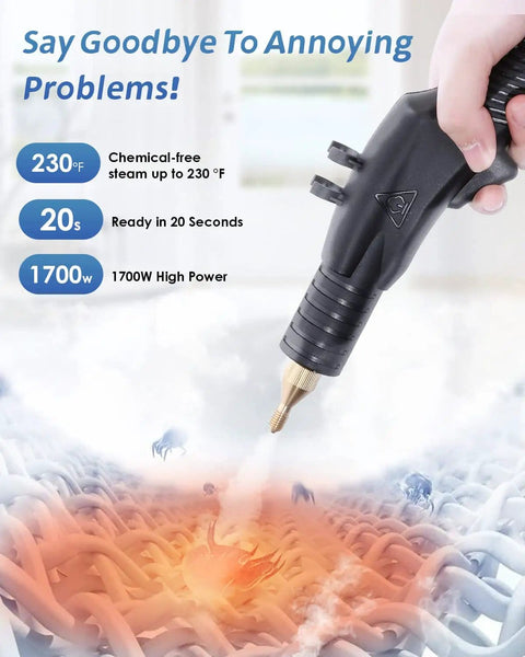 Nozzled steam from Heavy Duty High Pressure Steam Cleaner 1700W Portable Steamer Grime Busting For Grout Tile Kitchen Bathroom And Car Detailing Tankless Design Commercial Grade For Home Use With Over Four Hours Runtime, heating up surface.