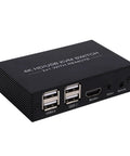 4K HDMI KVM Switch for Dual Computers, black metal design with USB 2.0 ports and remote control for efficient device sharing.