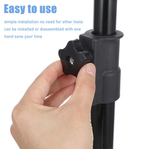 Hand adjusting Six Pack Five Sixteenths Inch Star Knobs With Female Threads Black Five Star Shaped on a metal pole
