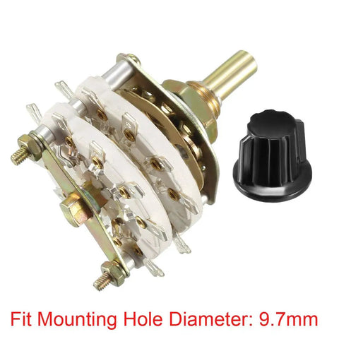 Four Pole Four Position Rotary Switch with Knob, Band Selector, Two Deck, 20 Contacts, Mount Hole 9.7mm, Shaft 6mm, with knob and nut
