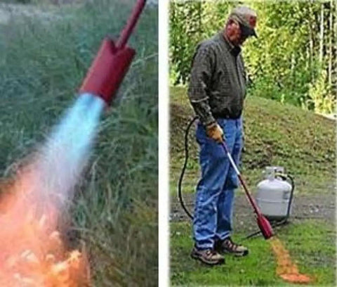 Vapor Torch Kit With Squeeze Valve And Adjustable Pilot 500,000 BTU Propane Weed Burner in use for landscaping
