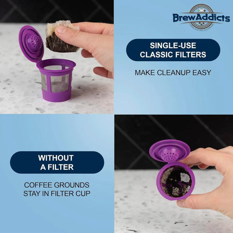 Two-step process of using 600 Count Paper Coffee Filters For Keurig K Cup Pods 1.0 And 2.0 Compatible with purple filter holder.