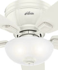 52 Inch Indoor Ceiling Fan With LED Light White Flush Mount Hugger Design Pull Chain Operation Five Blades close-up fan and light