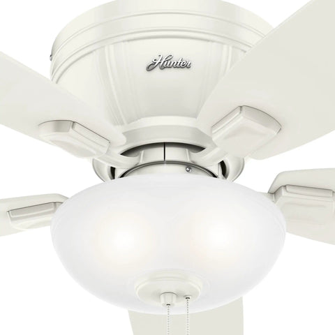 52 Inch Indoor Ceiling Fan With LED Light White Flush Mount Hugger Design Pull Chain Operation Five Blades close-up fan and light