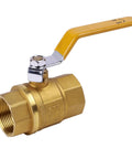 Beefy Brass Ball Valve, 1-1/4 Inch Full Port NPT Female To Female, shown with yellow handle and brass body, side view.