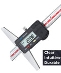 Vernier Caliper With Depth Gauge For DIY Pros 0-6 In 0-8 In 0-12 In Ranges And 150 Mm 200 Mm 300 Mm Measurements Chrome Plated Alloy Body 0.02 Mm Precision Locking Screw Easy Readout Built Tough For Depth And Length Measurements with digital display and measuring scale visible.