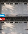 Before and after transformation of garage doors using the magnetic door hardware set, featuring faux hinges and sleek handles.