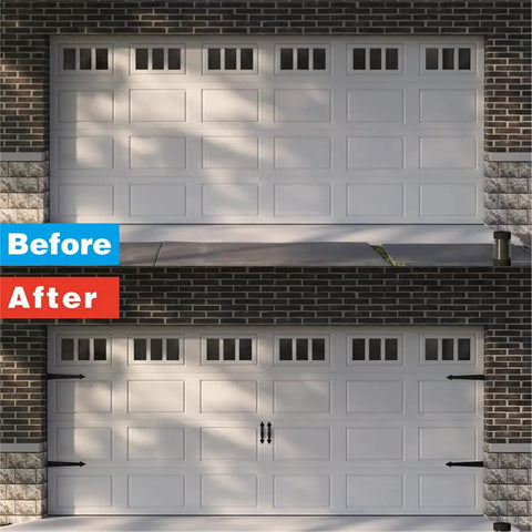 Before and after transformation of garage doors using the magnetic door hardware set, featuring faux hinges and sleek handles.