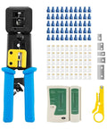 Pass Through RJ45 Crimp Tool For DIY Network Cabling 8P8C Pliers And Cable Stripper RJ12 Cat5 Cat6, shown with accessories