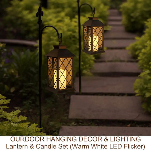 Vintage 13.5 Inch Lantern Set With Realistic LED Pillar Candle Black Finish 6 Hour Timer IP44 Waterproof hanging in garden