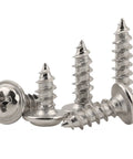 Top Shelf Boss Pack 420 Piece Phillips Truss And Wafer Head Self Tapping Wood Screws Assortment Kit With Washers M2 M3 M4 Metric Sizes Nickel Plated Carbon Steel For Wood Plastic And Sheet Metal close-up of nickel plated truss head screws