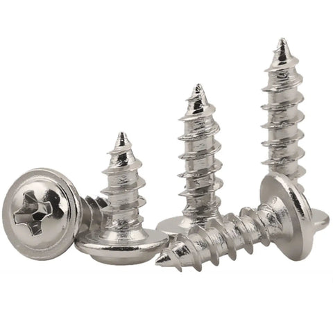 Top Shelf Boss Pack 420 Piece Phillips Truss And Wafer Head Self Tapping Wood Screws Assortment Kit With Washers M2 M3 M4 Metric Sizes Nickel Plated Carbon Steel For Wood Plastic And Sheet Metal close-up of nickel plated truss head screws
