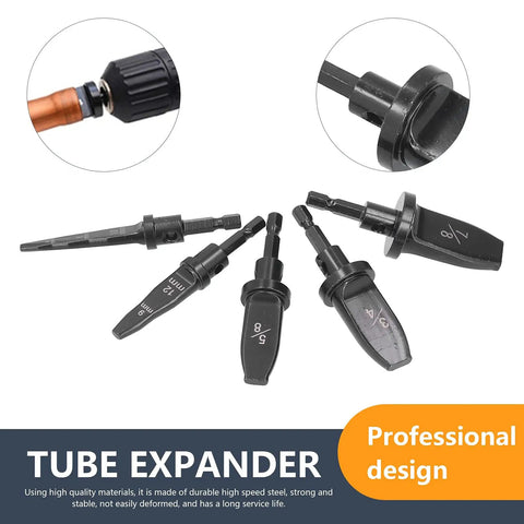 Heavy Duty Copper Pipe Expander Set With Hex Handle And Seven Flaring Bits For Air Conditioner Repair High Speed Steel Expansion Tool 7/8 3/4 5/8 In showing seven flaring bits on a surface.