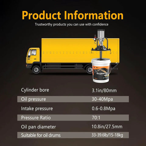 Heavy Duty Pneumatic Grease Pump For Industrial Lubrication next to yellow truck, showing cylinder bore and pressure details